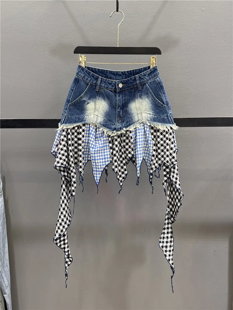 

Irregular Street Style Denim Skirt Women's Spring Summer Plaid Splicing A-Line Fluffy Short Skirt Cotton Polyester Blend