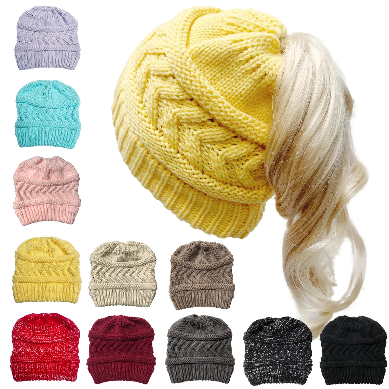 Winter Solid Cap Color Beanie Hat Dome Warm Horsetail Knit Hat women\'s Solid Color Fashion Outdoor