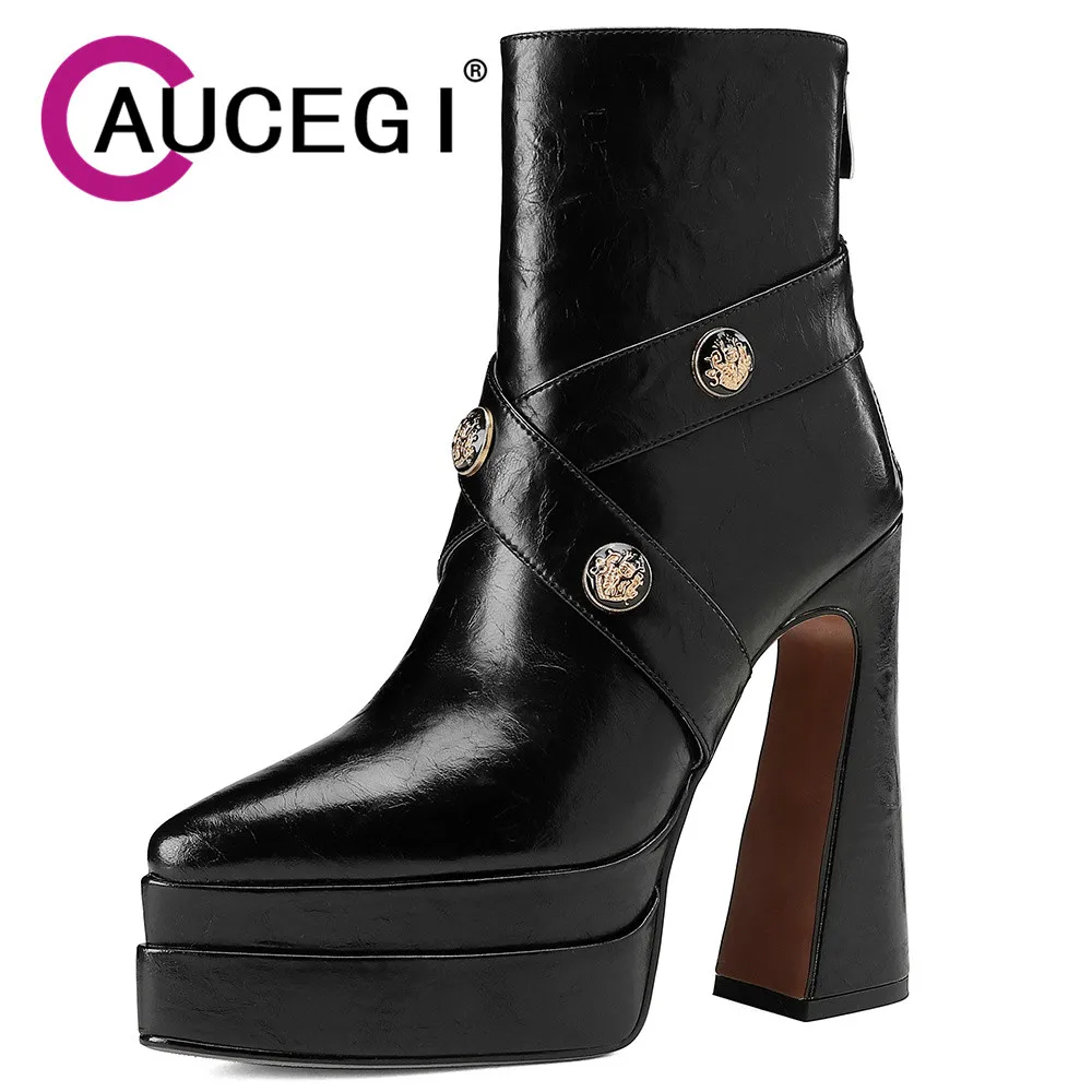 

Aucegi New Women Genuine Leather Ankle Boots Platform Thick High Heels Pointed Toe Back Zipper Spring Autumn Party Dancing Shoes