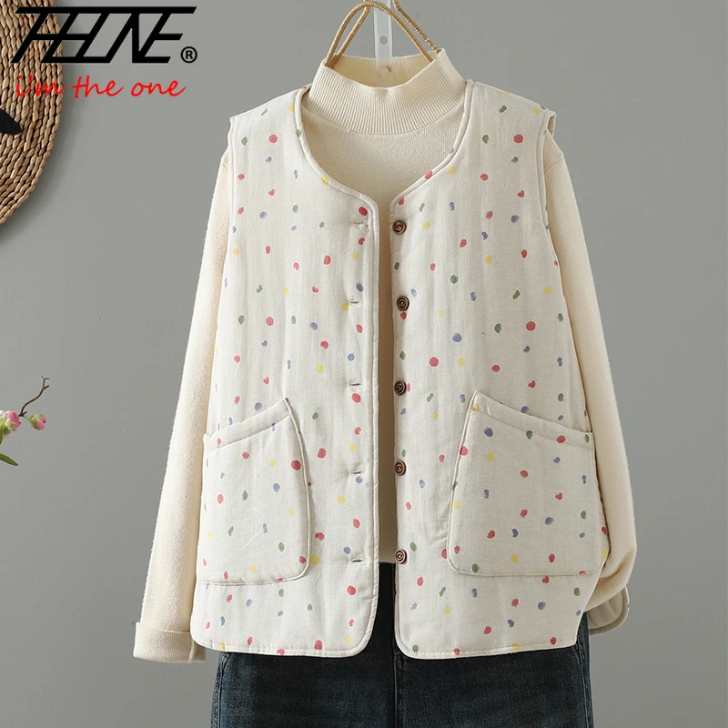 

THHONE Winter Jackets Vests for Women 2025 Polka Dot Vest Warm Retro Cotton Padded Casual Loose Women's Coat Female Outerwear