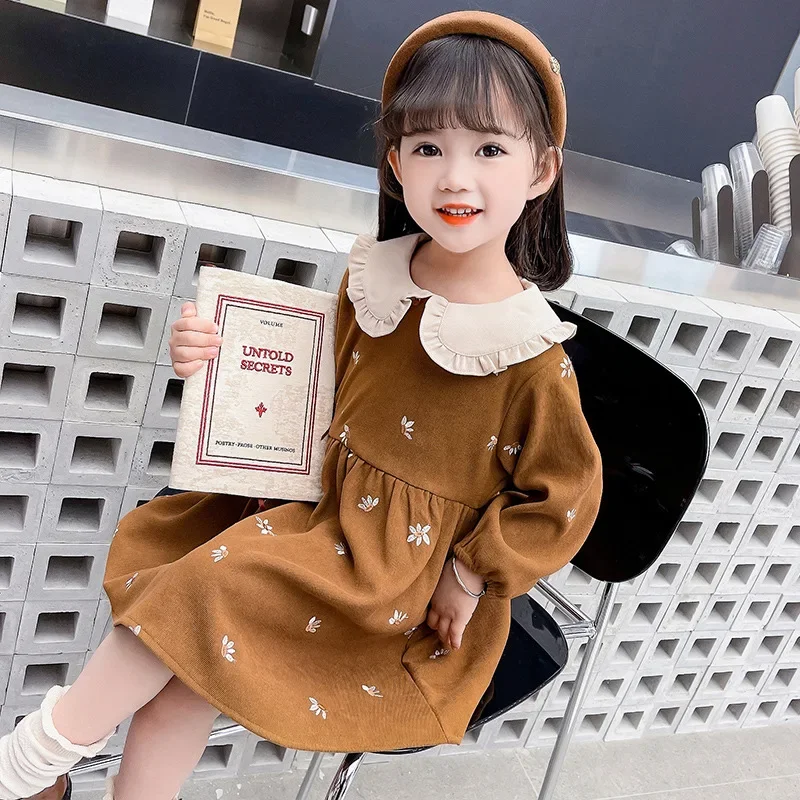 Girls Dresses Fashionable Western Style Doll Neck Dress Spring and Autumn 2024 New Model Baby Girl Long Sleeved Princess Dress