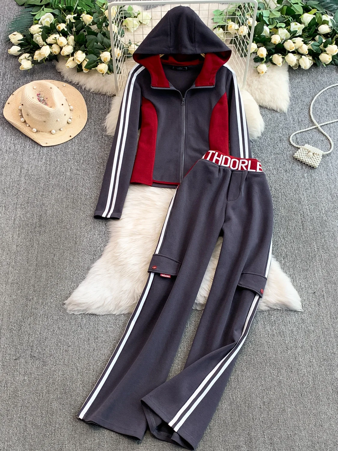 

Casual Stripe Color Blo High Waist Slim Wide Leg Pants Zipper Hooded Jaet Women's Autumn Winter Faion Set Vintage Sle