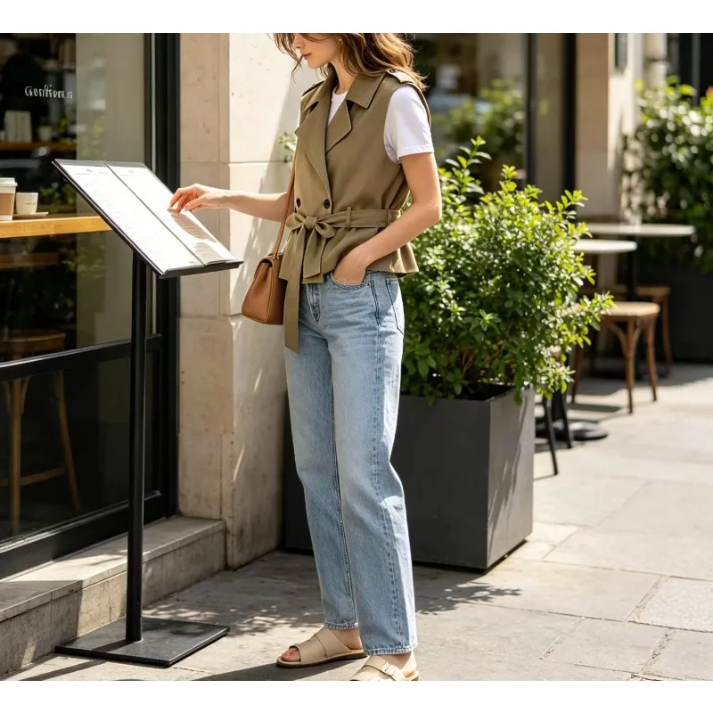 Women 2026 Trendy Deep Khaki Minimalist Outfit Sleeveless Belted Waistcoat Vest Summer Commuter Style
