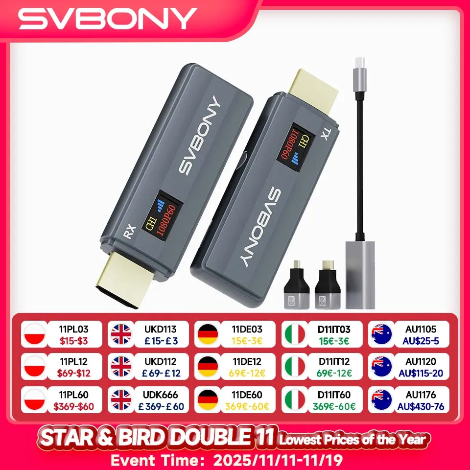

Svbony ST2 HD Wireless Extender Kit HDMI Transmission System with 0.42”OLED Color Display 5G 1080P Output 50-80m Plug-and-Play