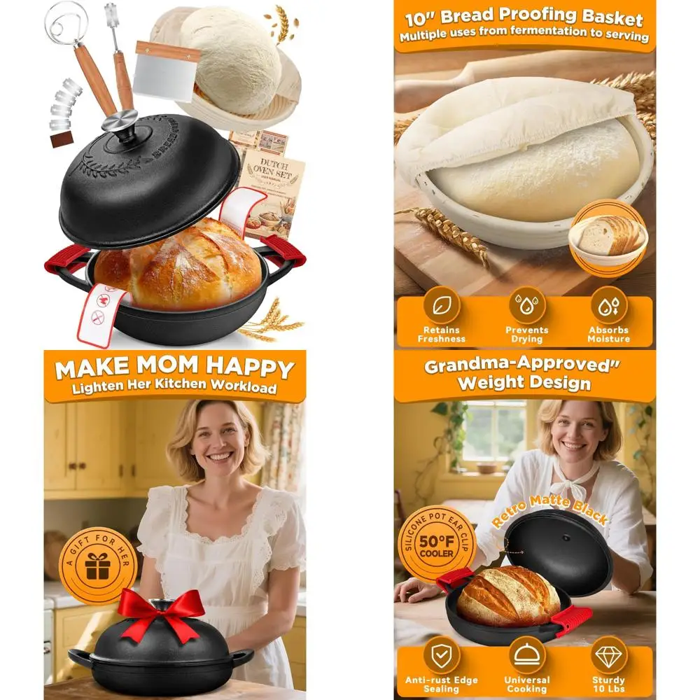 

Cast Iron Dutch Oven Bread Baking Pot with Lid - 6 Quart, Complete Sourdough Kit Including Banneton Basket, Dough Tools, Silicon