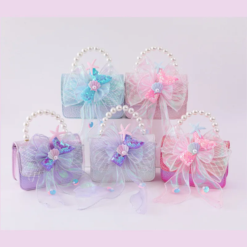 Cute Girls Handbag Pearl Handle Mermaid Sequin Bow Shell Starfish Decor Children Mini Crossbody Bag