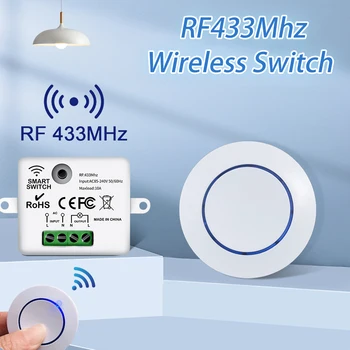 RF 433MHz 무선 조명 스위치, 릴레이 리시버, 미니 원형 단추 벽 패널 스위치, 가정용 LED 램프 리모컨, 220V, 110V, 10A