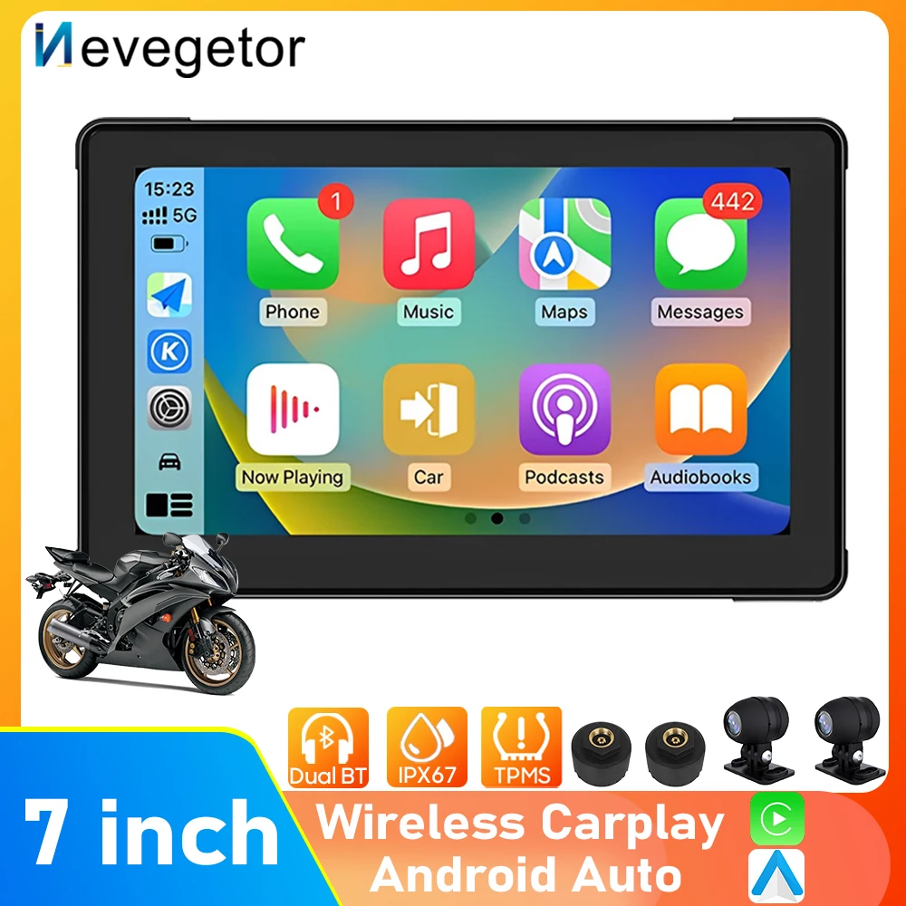 Lettore multimediale per moto da 7 pollici Registratore di navigazione GPS Wireless CarPlay Android Auto IP67 Schermo impermeabile Bluetooth