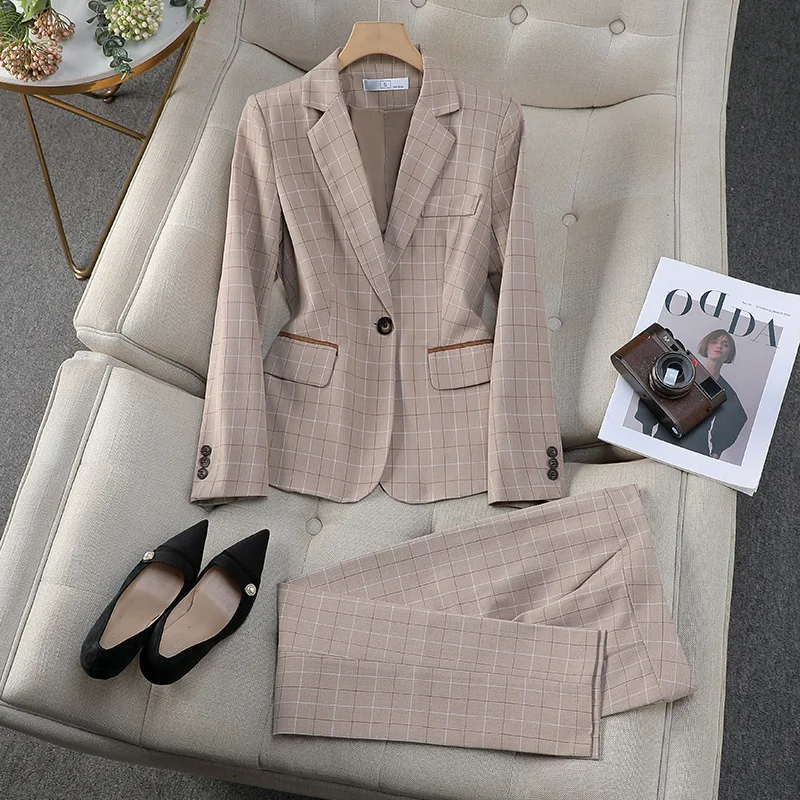 

2026 Spring Autumn Office Two-piece Suit Women's Casual Sets Plaid Blazers Short Jacket Straight Trousers Lady Slim 2-piece Sets