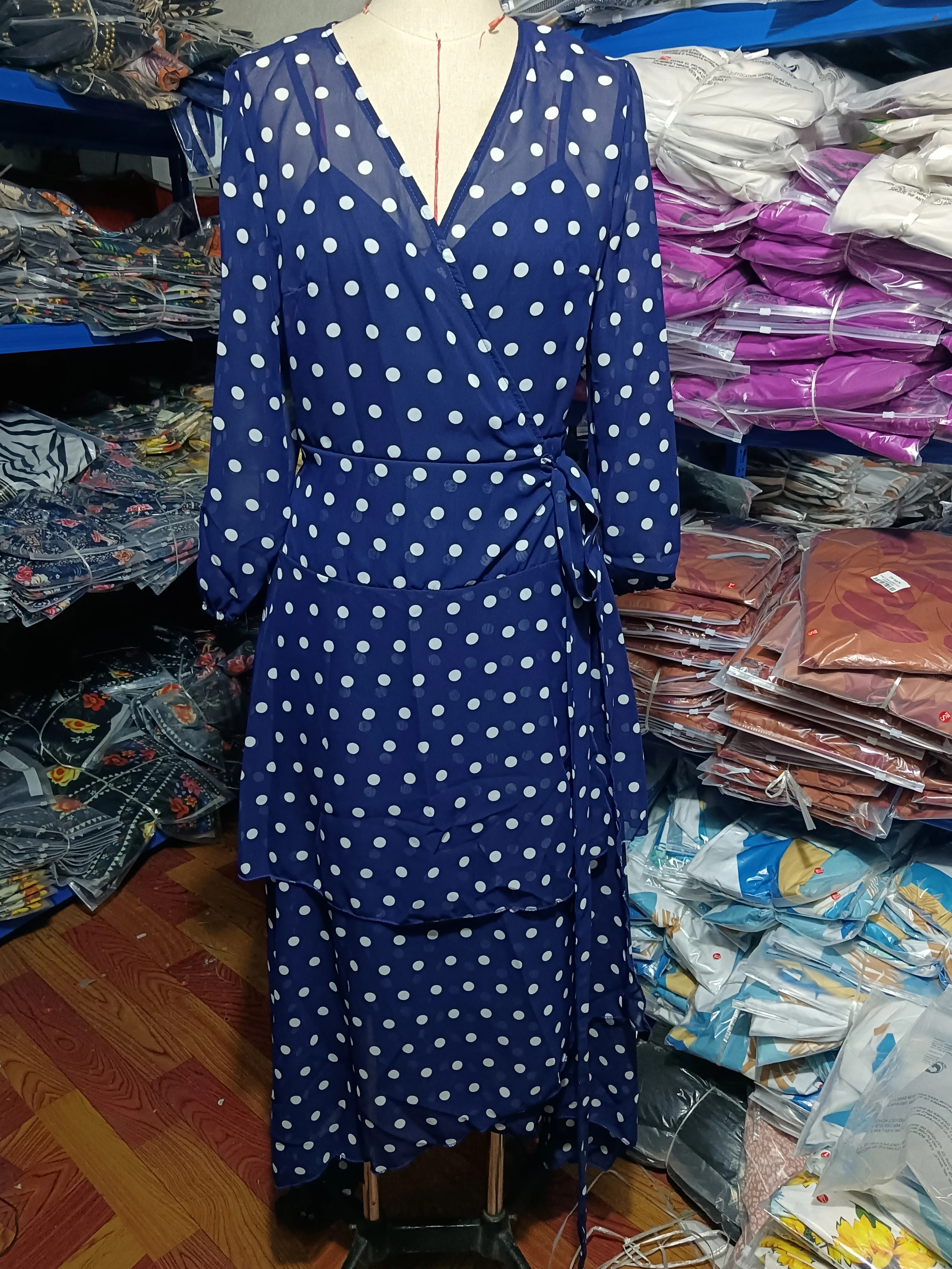 Elegant Party Dresses For Women Summer Dress V-Neck Long Sleeved Asymmetrical Layered Polka Dot Print Casual A-Line Long Dresses