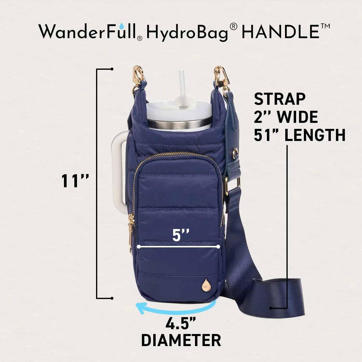Original HydroBag HANDLE®, Zipper for Handle, 40 oz Water Bottle Holder w/Strap, Crossbody Carrier Bag w/Phone Pocket, Tumbler Accessories - Navy Matte w/Vegan Leather Trimmed Strap