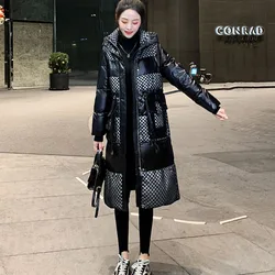 New Womens No-wash Black Plaid Down Jacket Winter Snow Parker Overcoat Long High-end Female Bright Face 90% White Duck Down Coat