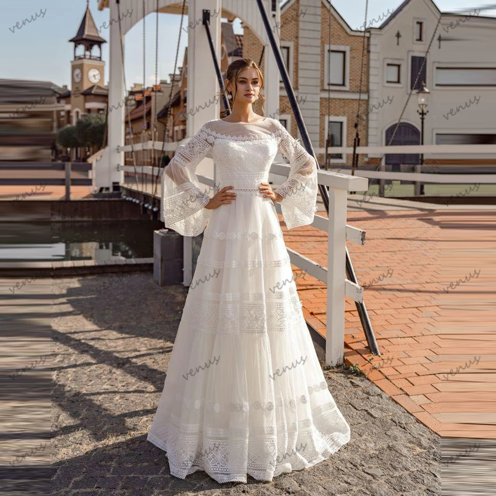 

Bohemia Wedding Dresses A Line Bridal Gowns Lace Appliques Flare Sleeves Robes For Formal Party Vestidos De Novia Customized