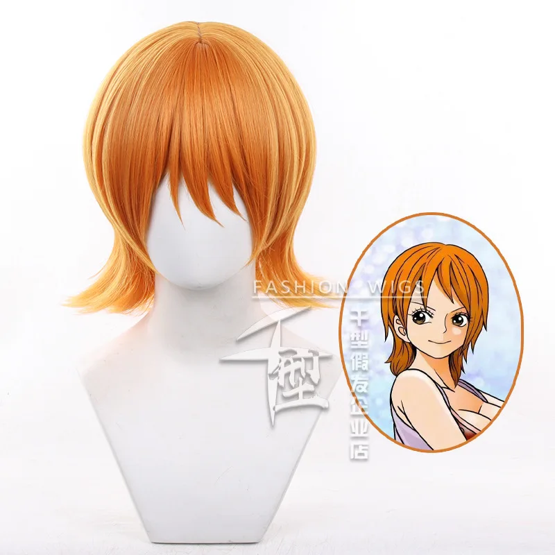Anime Nami Cosplay Wig Short Orange Wig Heat Resistant Synthetic Hair Halloween Nami Cosplay Wigs Props Stickers + Wig Cap