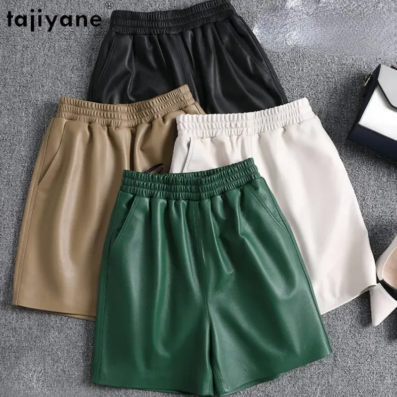 

Tajiyane Real Sheepskin Leather Shorts for Women 2023 High Waisted Short Pants Korean Style Wide Leg Short Elastic Waist Shorts