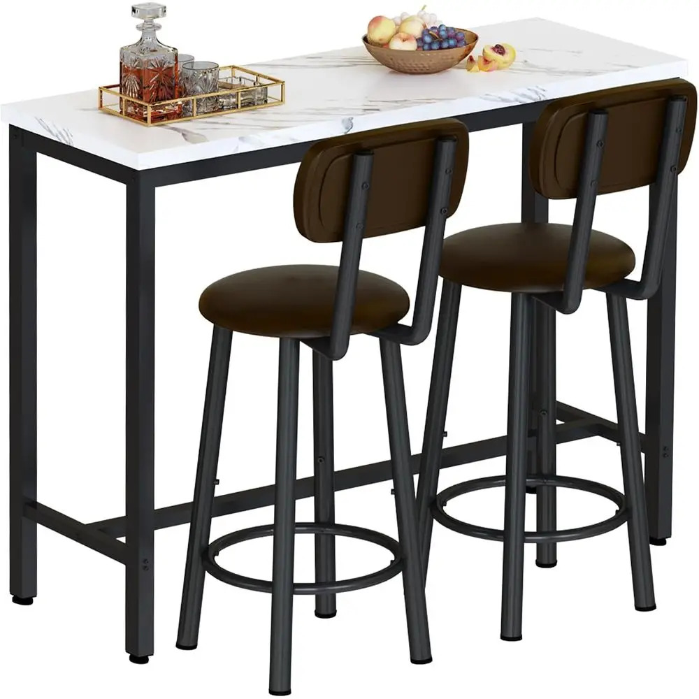 3 Piece Bar Table Set, 2.39.3 Pub Bar Table and Chairs Set, Marble Bar Height Table with 2 Backrest Stools, Small Dining Table,