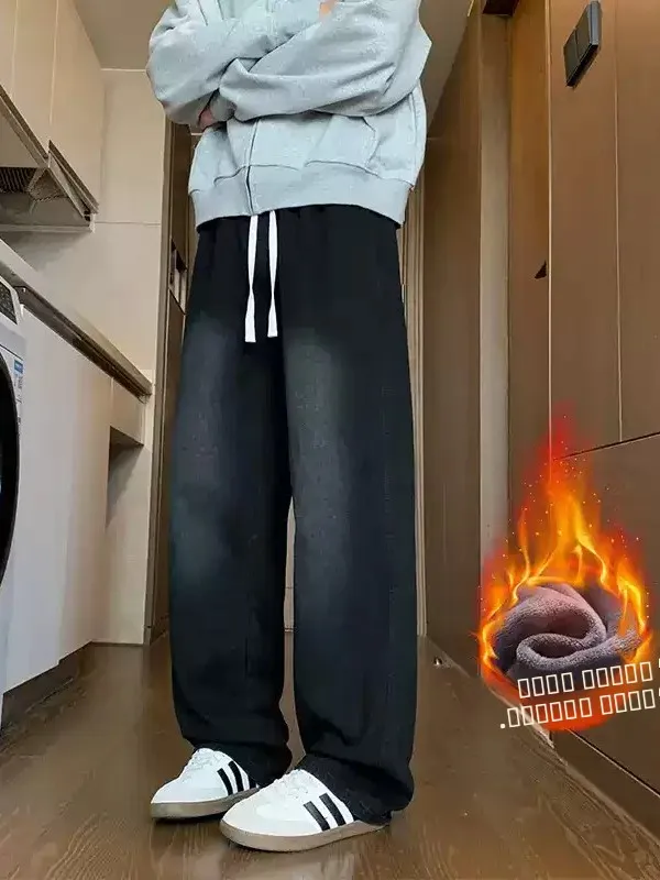 

Мужские джинсы с эластичной талией и подкладкой из флиса, прямые, свободные, широкие, весенне-осенние, повседневные, удобные, эластичные брюки