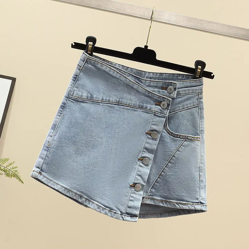 Summer new large size  high waist denim shorts women's slim single-breasted half-body bag hip shorts  Wide Leg Pants