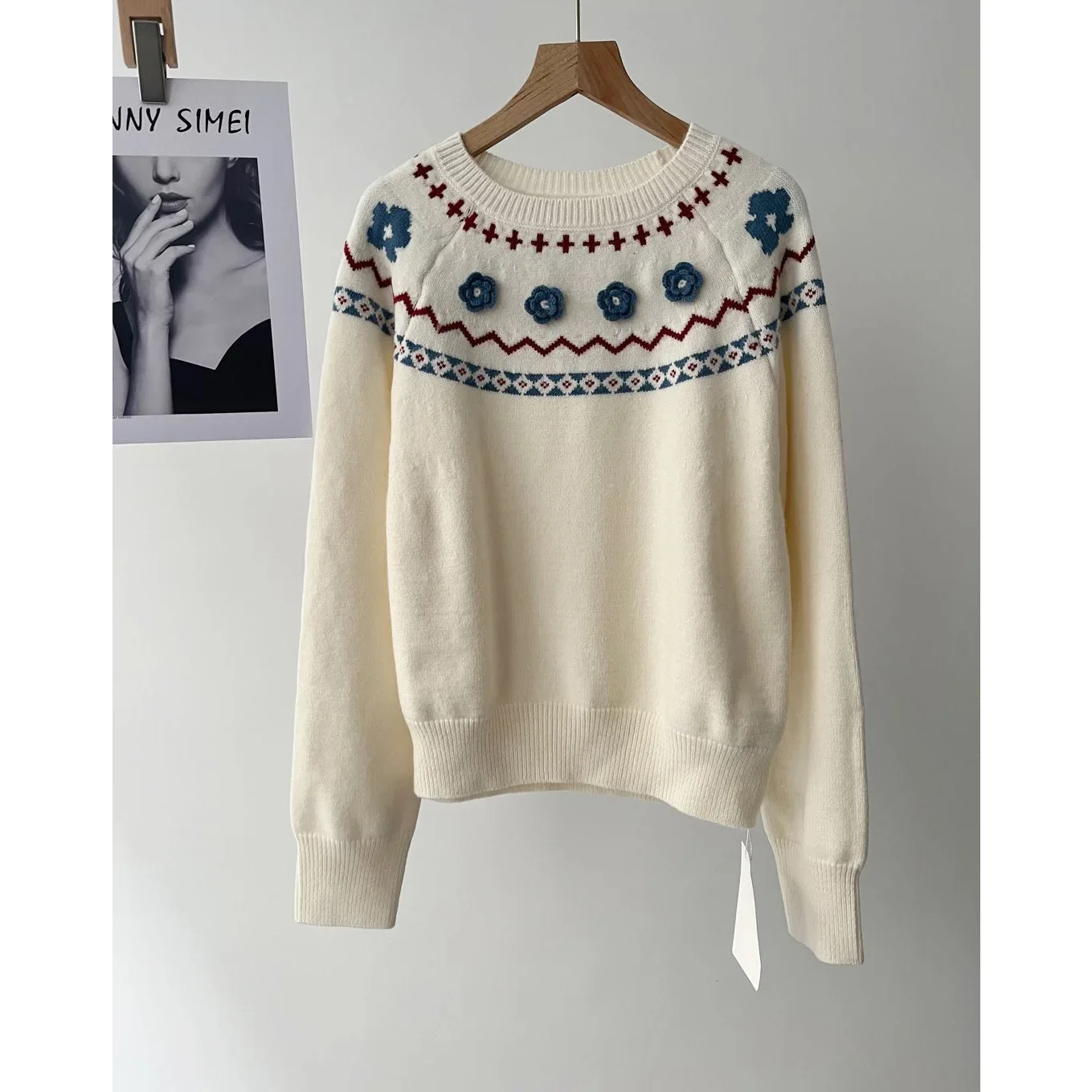 Festival atmosphere three-dimensional flower fair island pullover cream white knitted sweater women 077