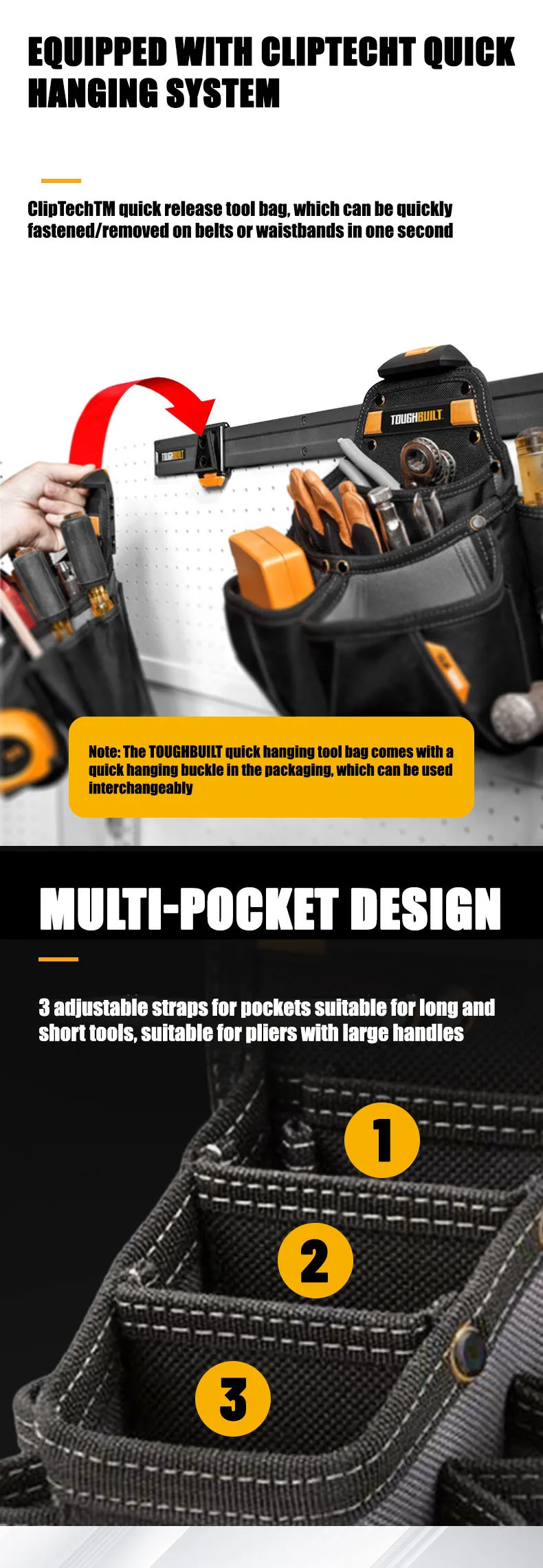 TOUGHBUILT Mechaniker-Werkzeugtasche, 10 Fächer, Schnellhängender Werkzeugsatz, Aufbewahrung für Zangen und Schraubendreher TB-CT-36-L10 – Detail 2