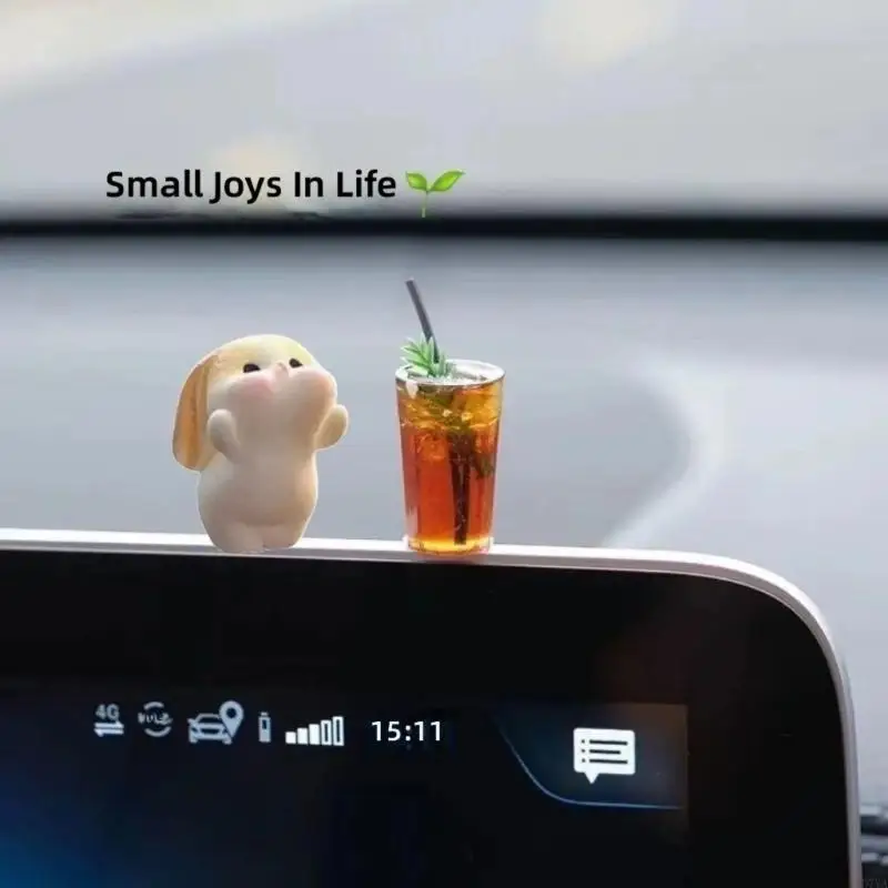 Rabbit Car Interior Decors Set, Resin Figurine with Coffee Cup Detail for Dashboard Styling, Screen Top Display, Gift D7YA