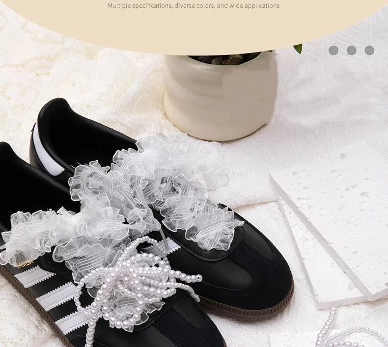 Spitzen-Schnürsenkel mit Pilzrand, Ballett-Stil, Perlen-Schleife, Schuhaccessoires, flache Schnürsenkel, Sneaker, Breite 1,2 cm/3 cm, Länge 80 cm/120 cm – Detail 1