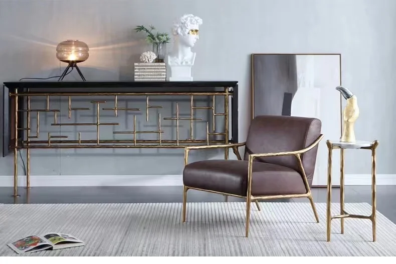 أثاث غرفة المعيشة مزورة النحاس المخملية النعال كرسي معدني الساق الجلود الحديثة كرسي غير رسمي #6