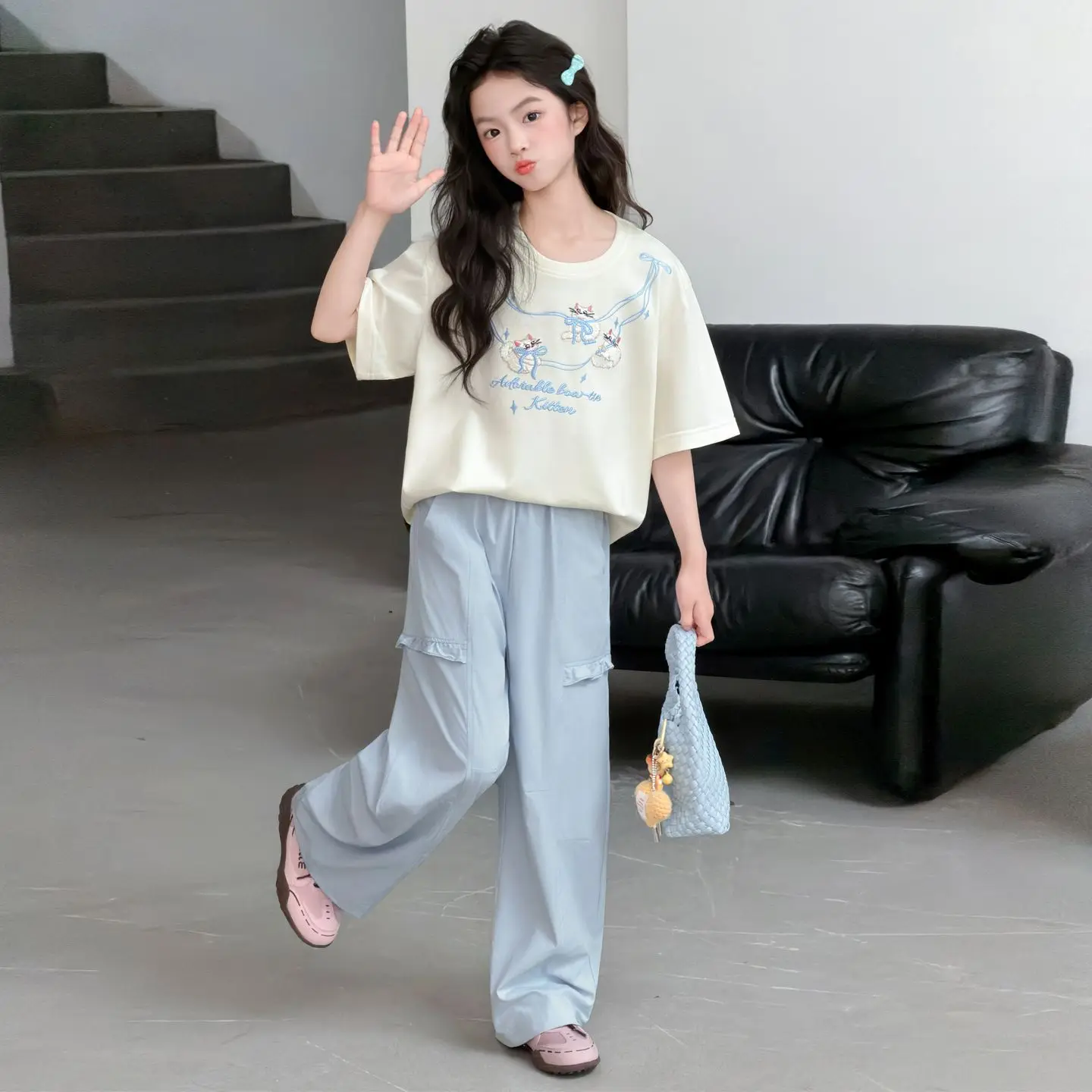 Kids Girls Fashion Summer Set, Short Sleeve Graphic Tee + Elastic Waist Lightweight Pants, Breathable Casual Comfortable Wear