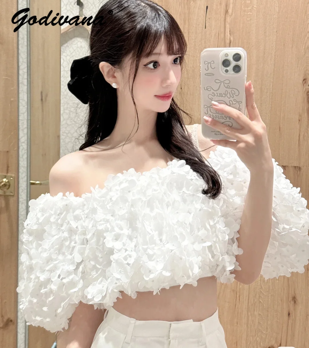 New Japanese Style Three-Dimensional Petals Puff Sleeve High Waist Top Sweet Girl Women's White Flower Cropped Top Fairy Blouses