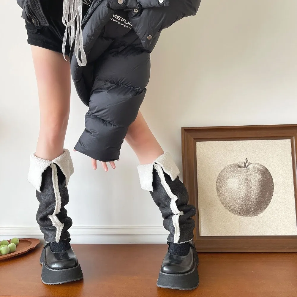 Y2K Thickened Suede Leg Warmers Mid-calf Wind Protection Foot Cover Turn-down Collar Design Warm Boots Cover Women