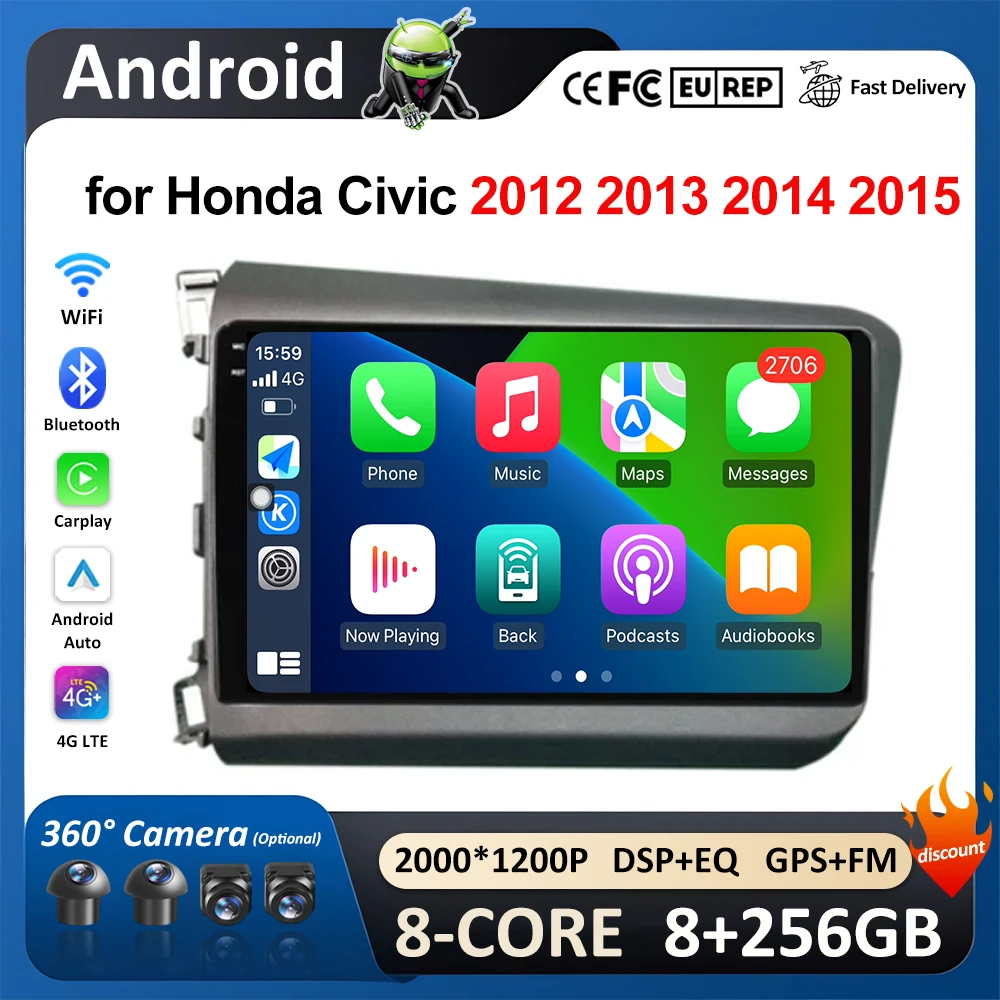 

Car Radio Multimedia Player Carplay for Honda Civic 2012 2013 2014 2015 WiFi GPS Navigation Android Auto Bluetooth DSP Stereo 4G