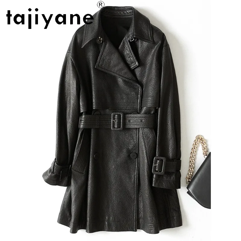 TAJIYANE 100% Sheepskin Genuine Leather Jacket Women Mid-Length Trench Coat Waist-Cinched Jackets Leather Outerwear Slim Косуха