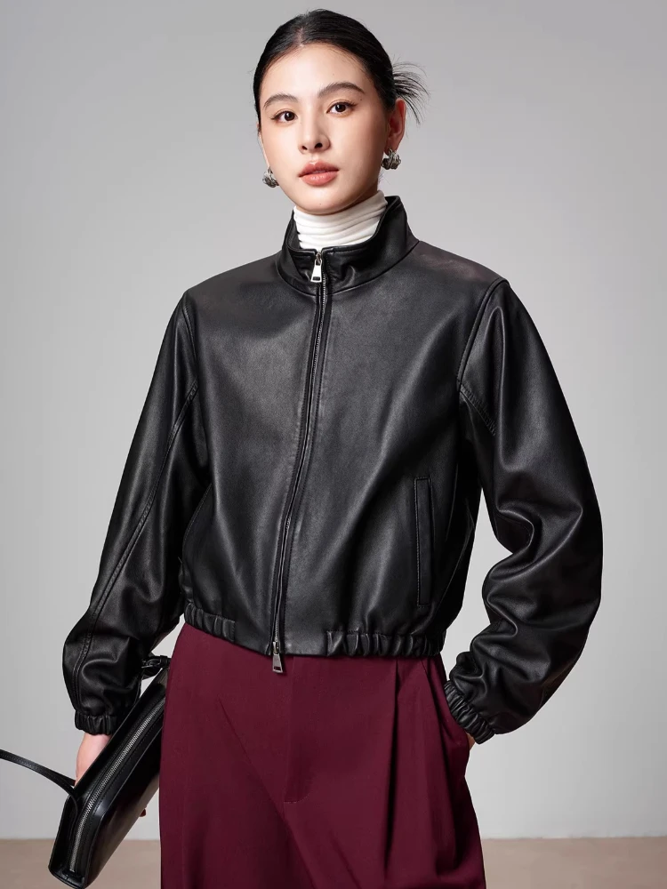 

Casual Short Genuine Leather Jackets for Women Spring Autumn High-end Simple Stand Collar Slim Soft Black Real Sheepskin Coat