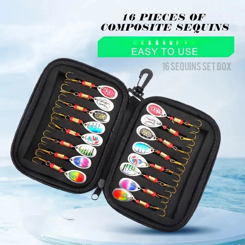 مجموعة طُعم صيد السمك المعدني المكونة من 16 قطعة من BRAVMACK لسمك السلمون المرقط بايك باس الطعم الاصطناعي مع حقيبة تخزين #1