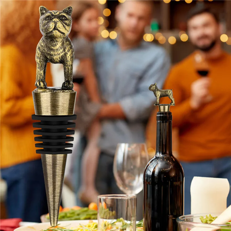 Metal Wine Stopper French Bulldog with Carved Hair Bottle Stoppers for Kitchen Bar Club Wedding Celebration Accessory