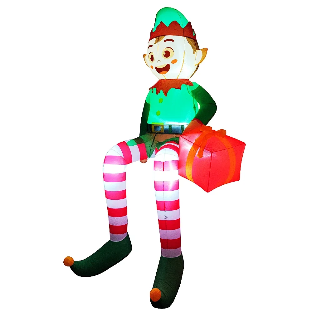 8FT Christmas Inflatable Trim Sitting Elf with Gift Bag Xmas Trim Built-in LED Light For Party Garden Yard Outdoor Xmas Decor - view 4