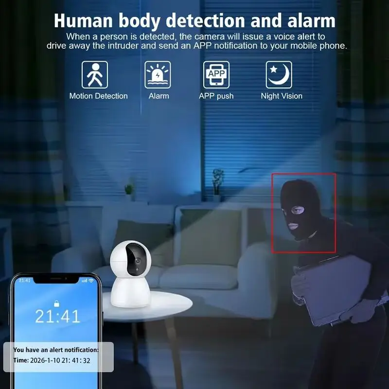 Indoor Ptz Security Camera 360° 1080p Wifi Baby Monitor With 2-Way Audio, Human Motion Detection, Night Vision, Tf Card & Cloud