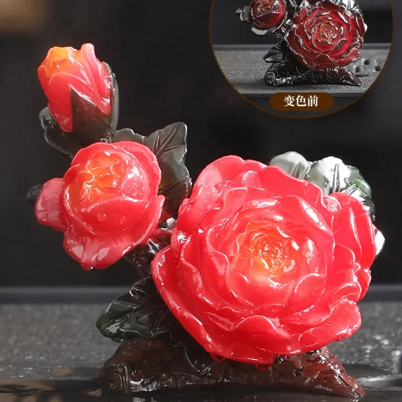 Chinese Peony Flower Tea Pet Ornaments Kung Fu Tea Set Accessories Change Color Tea Play Handicraft Gift Home Decoration New