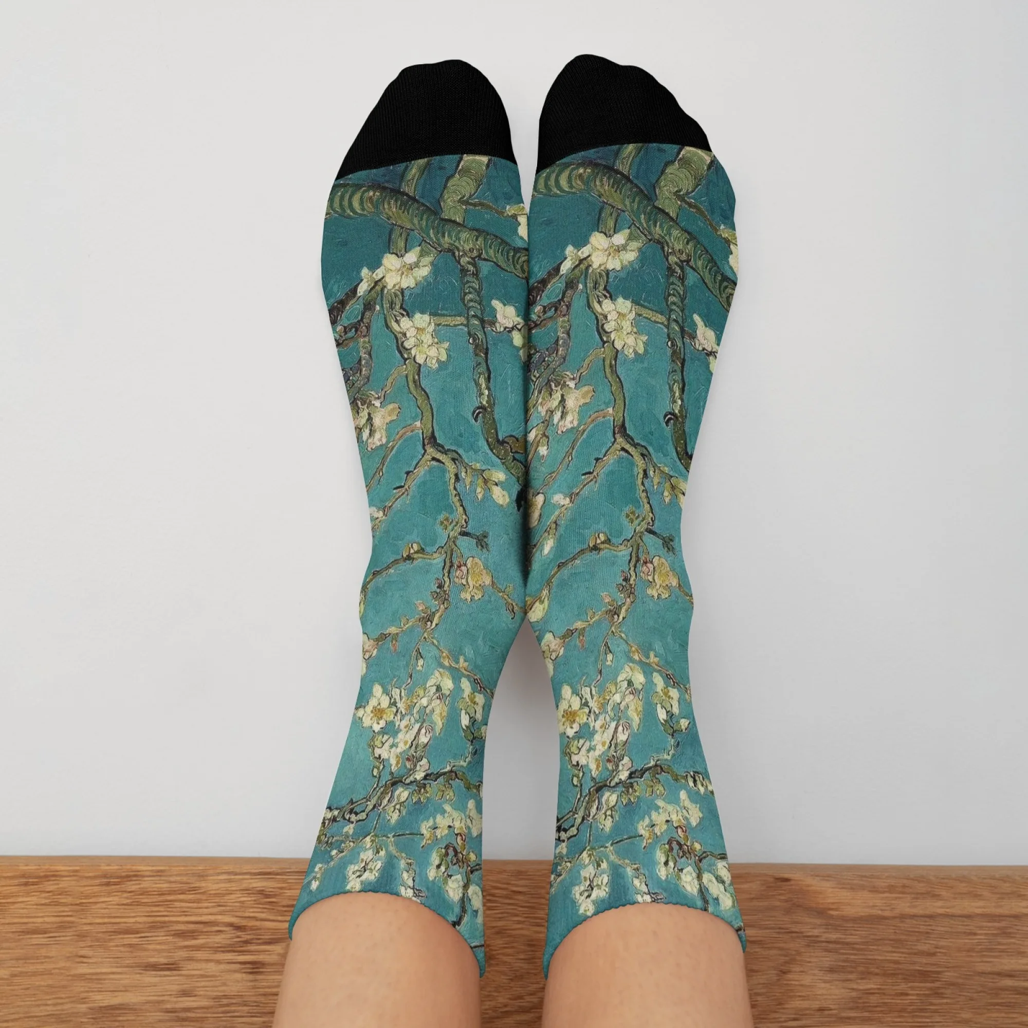Van Gogh Inspire Brushstroke Almond Tree Socks Vibrant Pink Blossoms with Thick Impasto Texture Artistic Aesthetic Fashion