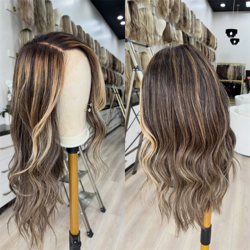 13x4 Ombre Flax Brown Highligts Synthetic HD Lace Front Wig Party Daily Wigs Beginner Friendly Realistic Look Premium Fibre Wigs