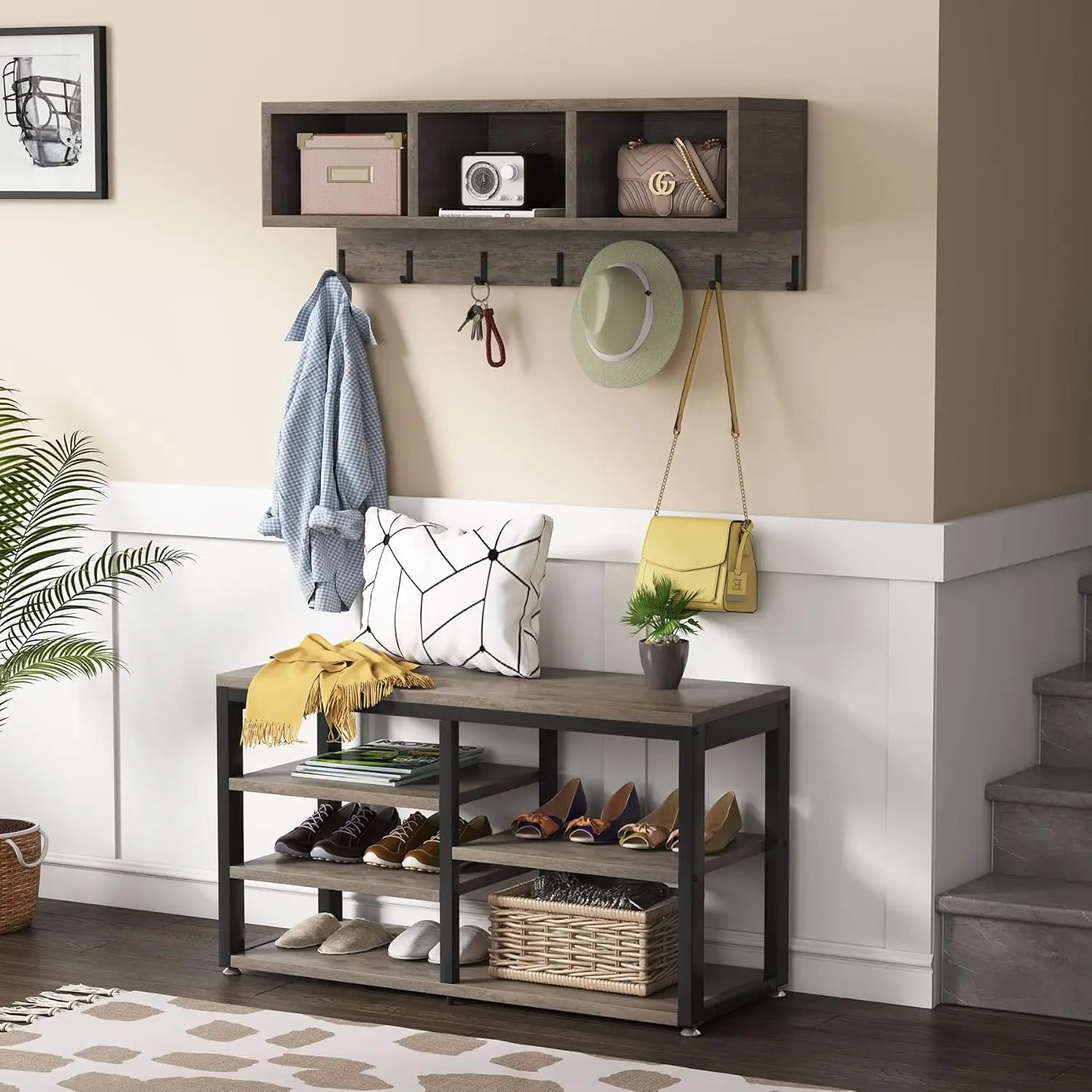 Coat Rack Shoe Bench Set Industrial, Hall Tree