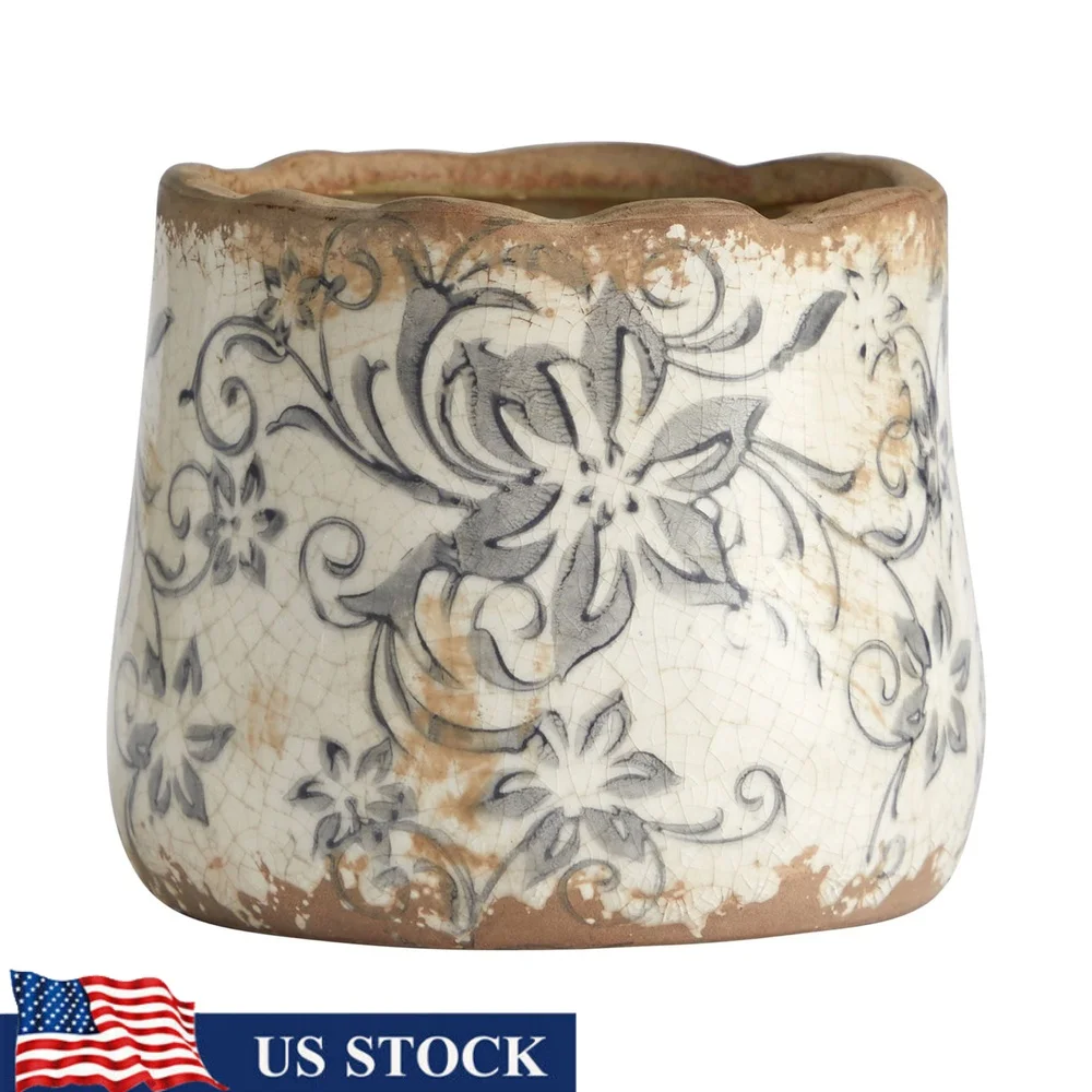 

Тосканская керамическая серая кашпо с прокруткой, мини-ваза с цветочным принтом, для внутреннего использования, прочный акцент, домашний декор, деревенский дизайн, квадрат 4,5 дюйма