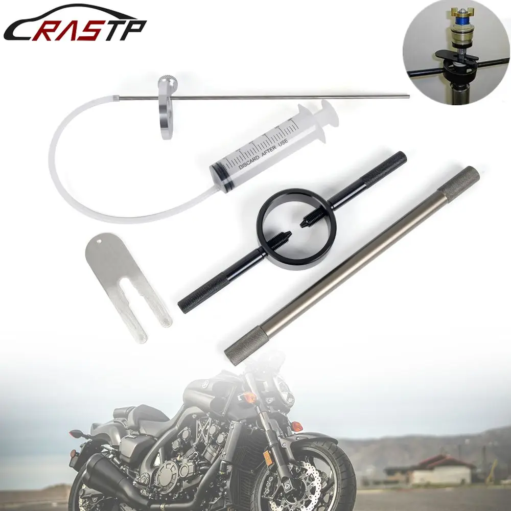 

RASTP-Инструмент для компрессора пружин вилки мотоцикла и набор инструментов для уровня масла вилки для большинства обычных картриджей и перевернутых вилок мотоцикла