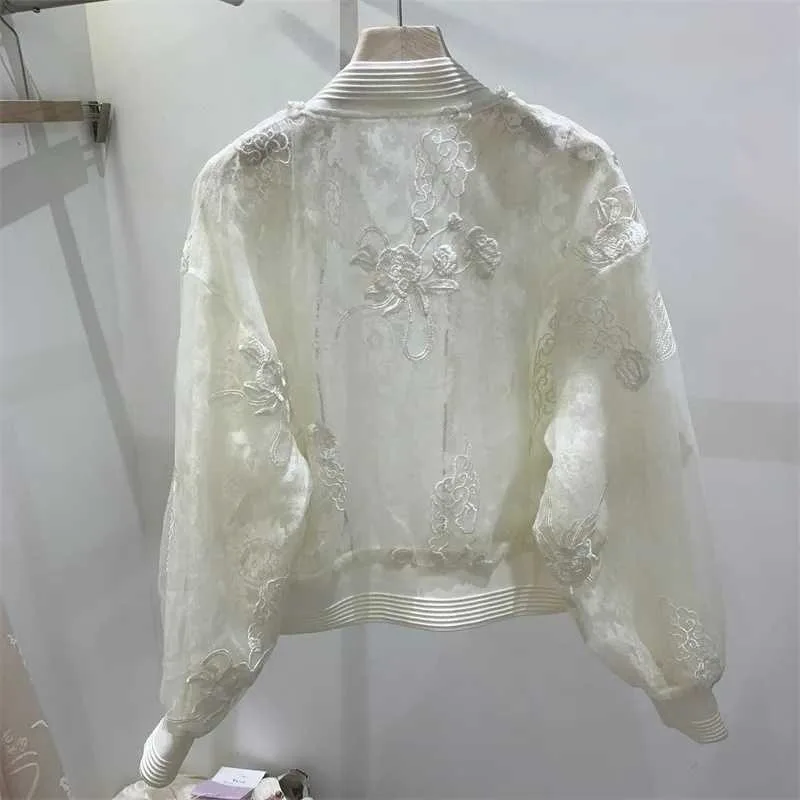Women's Off-White Sheer Mesh Bomber Jacket with Floral Embroidery and Pearl Trim Lightweight Zip-Up Casual Coat view 3