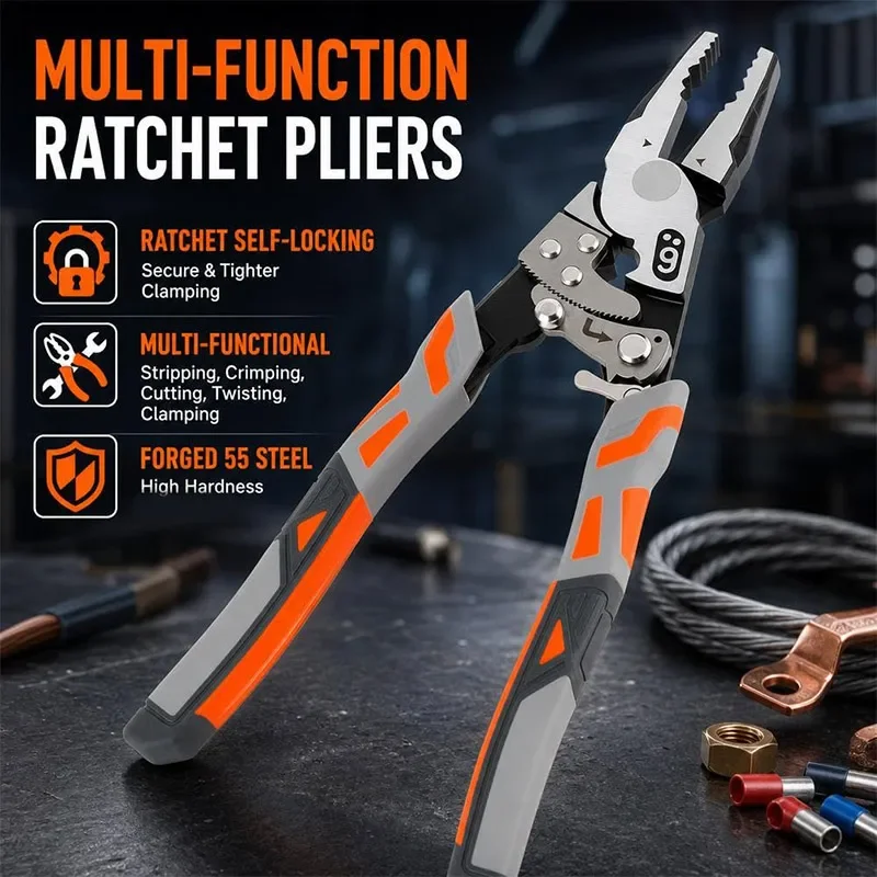 Multi Function Ratchet Pliers Wire Stripper Crimper Cutter Self Locking Forged Steel Electrician Hand Heavy Duty Professional