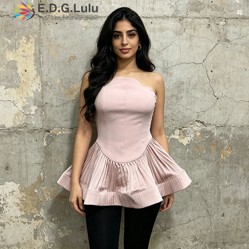 EDGLuLu Sexy Backless Pink Top 2026 New Sleeveless Waist Cinching Slimm Ruffled Edge Patchwork Strapless Top 0623
