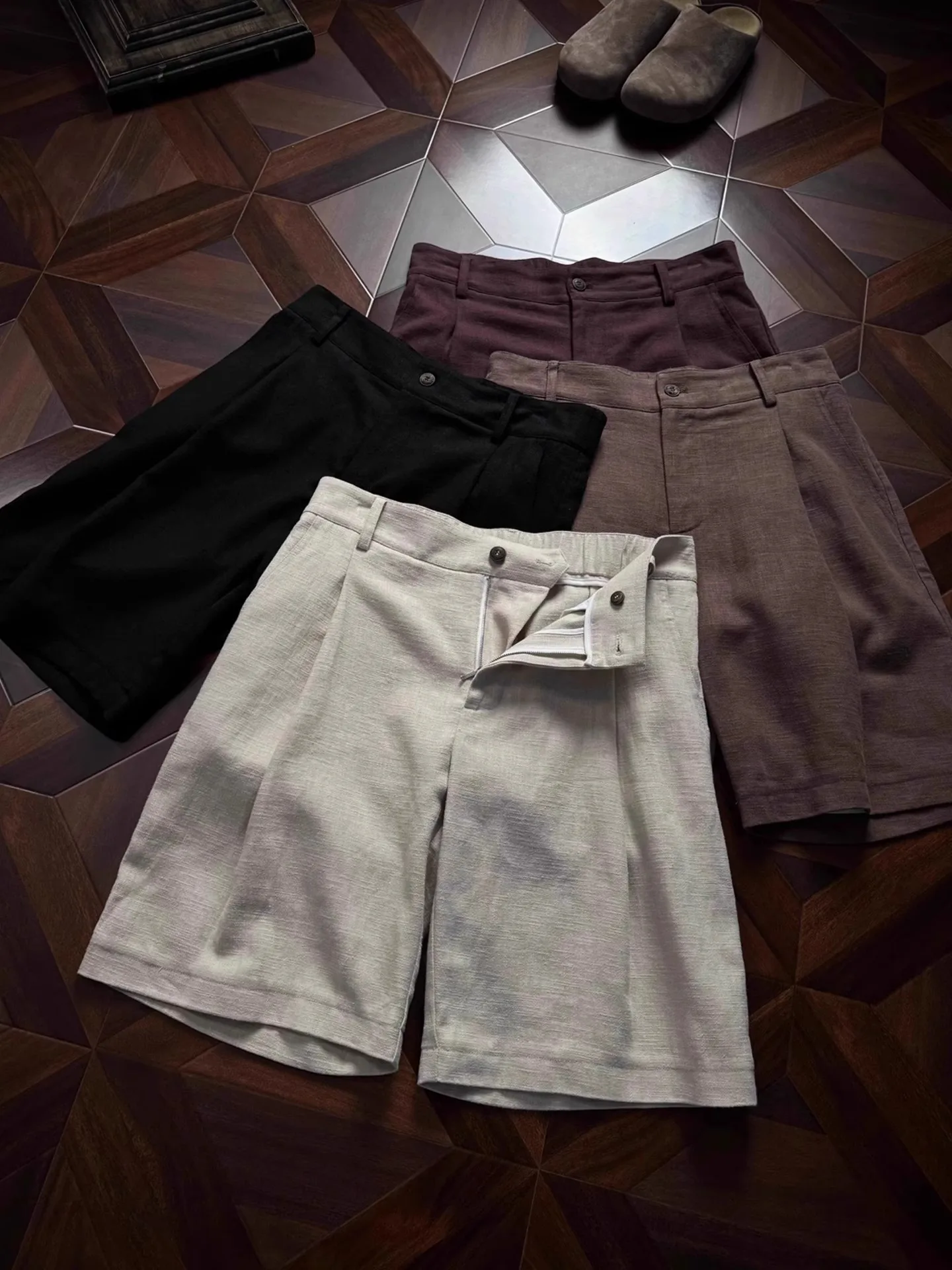 

Laoqianfeng льняные мужские ± летние уличные повседневные брюки с пятью пуговицами, элитные брюки прямого кроя