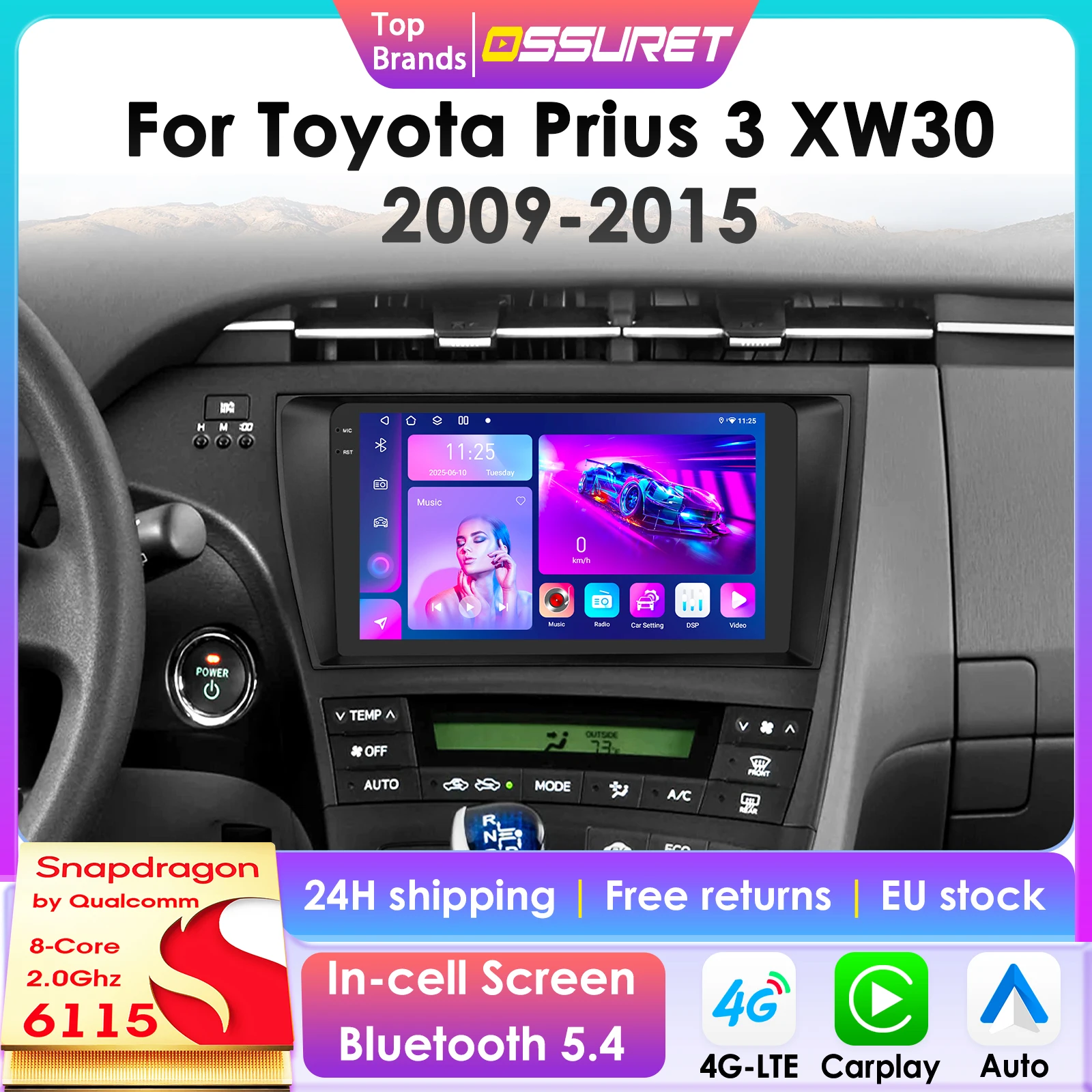Kabelloses CarPlay Android Auto Autoradio für Toyota Prius XW30 2009-2015 GPS Intelligente Systeme Stereo Multimedia Autoradio 6115