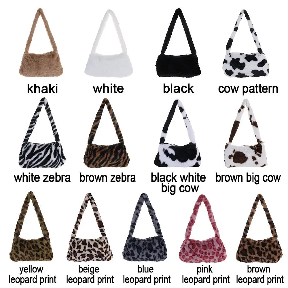 

Women Girls Faux Fur Purse Plush Underarm Handbag Leopard Print Mini Shoulder Bag Cow Print