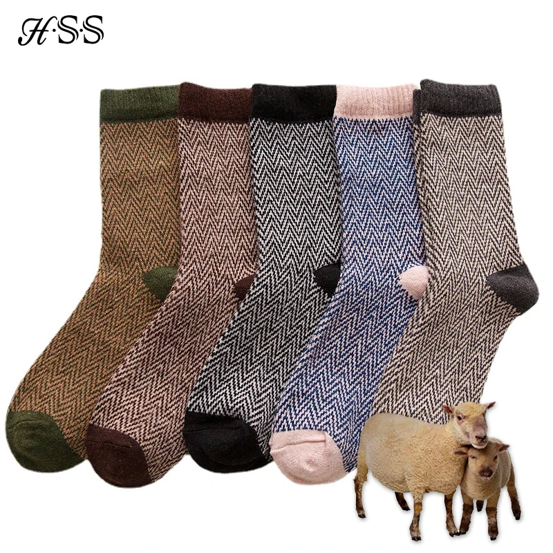 HSS Brand 5 Par Zimowe Skarpety Męskie Grube Skarpety z Wełny Owczej Ciepłe Męskie Skarpety w Stylu Retro Kolorowe Modne Skarpety Męskie Do Butów Śnieżnych